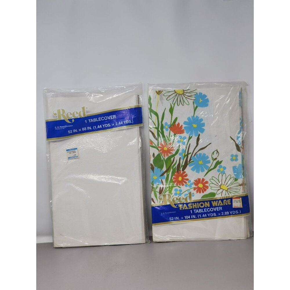 Reed Tablecover Set Of 2: Solid White 52" X‎ 88" & Floral Pattern 52" X 104" NOS